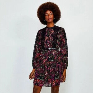 Karen Millen Floral 2 Pc. Lace Pleated Baby Doll Ruffle Georgette Dress Size 12